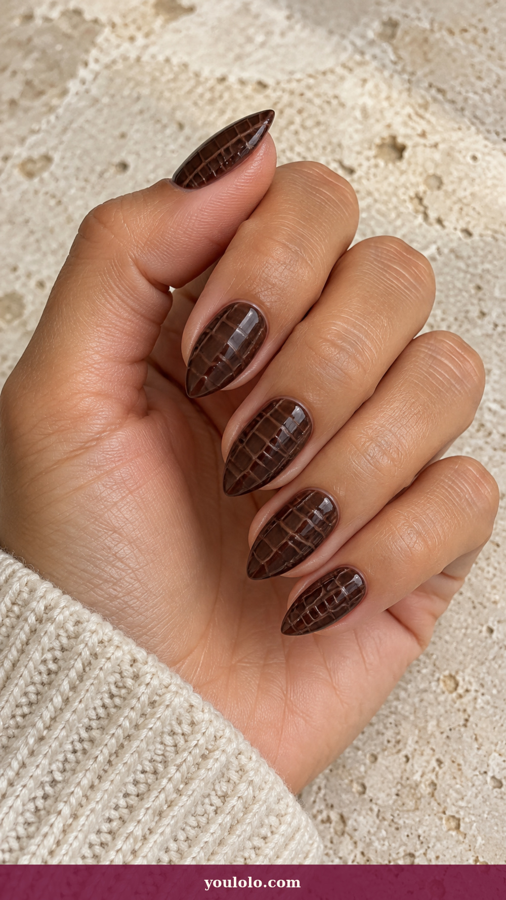 Short Stiletto Nails idea 9: Espresso Crocodile Emboss on a realistic feminine hand