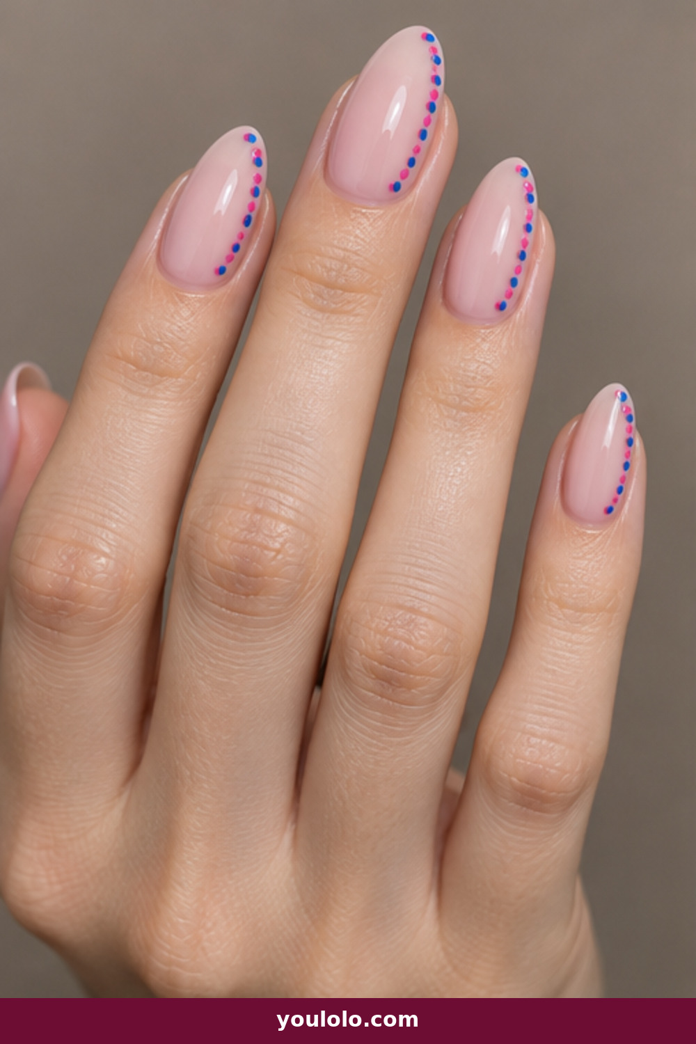 Pink Polka Dot Nails idea 9: Magenta and Cobalt Side Border