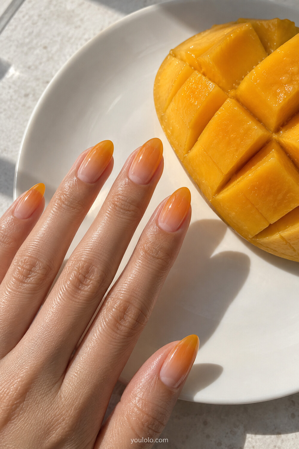 Juicy mango orange Korean syrup nails deepening toward the tips