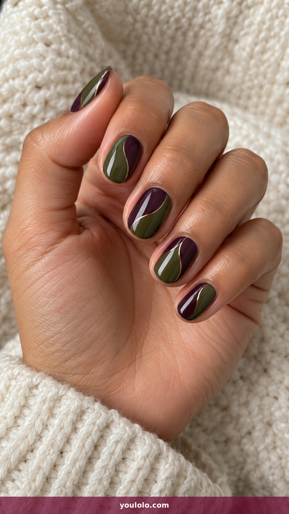 Short Oval Nails idea 9: Olive and Plum Color Block in a realistic fall manicure