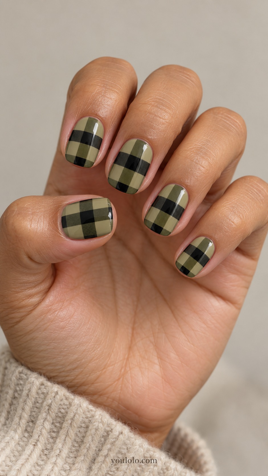 fall plaid nails — Olive Black Oversized Checks
