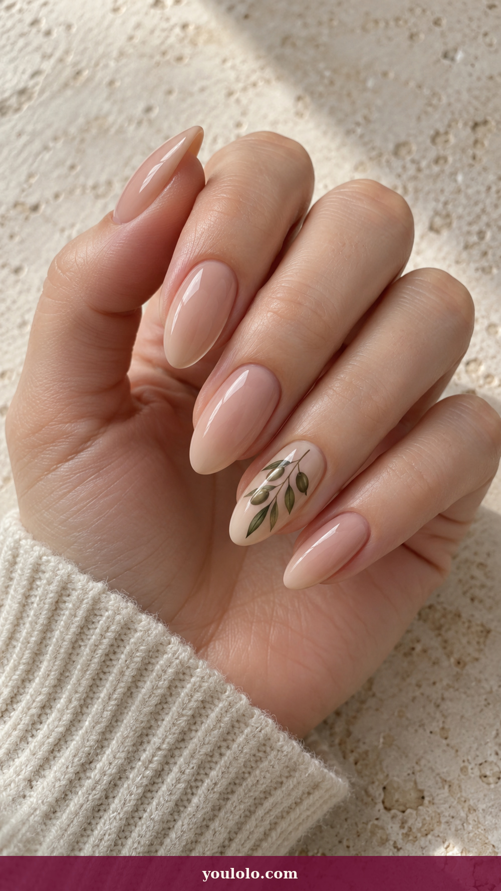 Italy Nails idea 9: Olive Grove Sketch on a realistic feminine hand