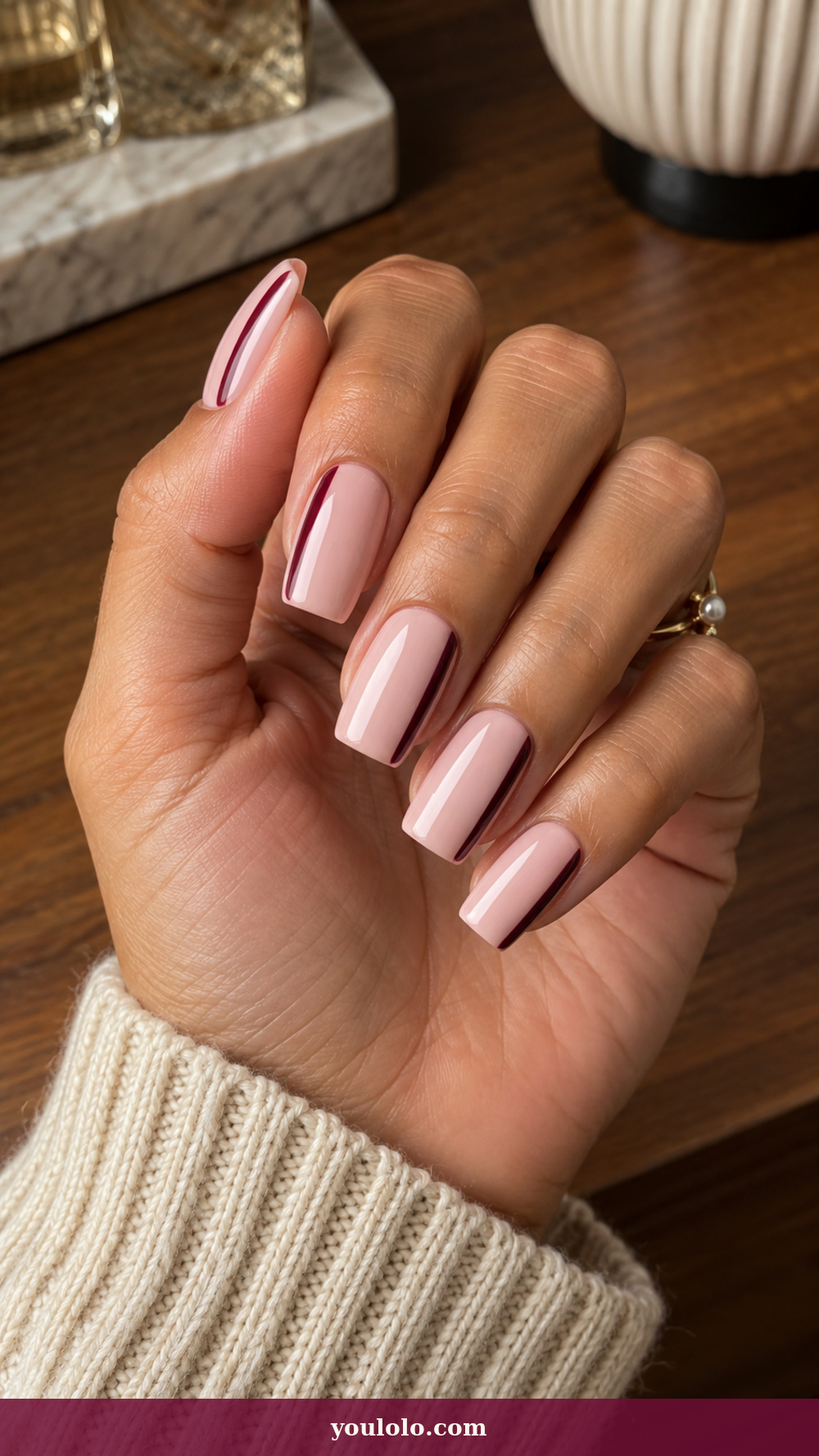 Long Square Nails idea 9: Powder Pink Side Bars on a realistic feminine hand