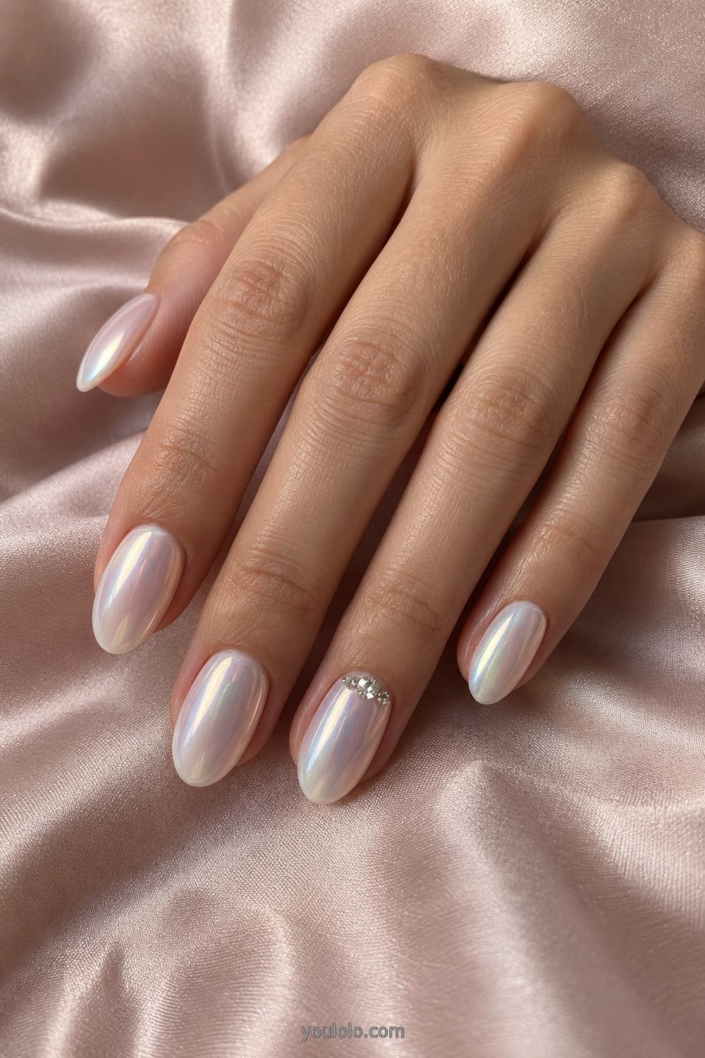 Milky opal Unicorn Nails with one crystal cuticle accent