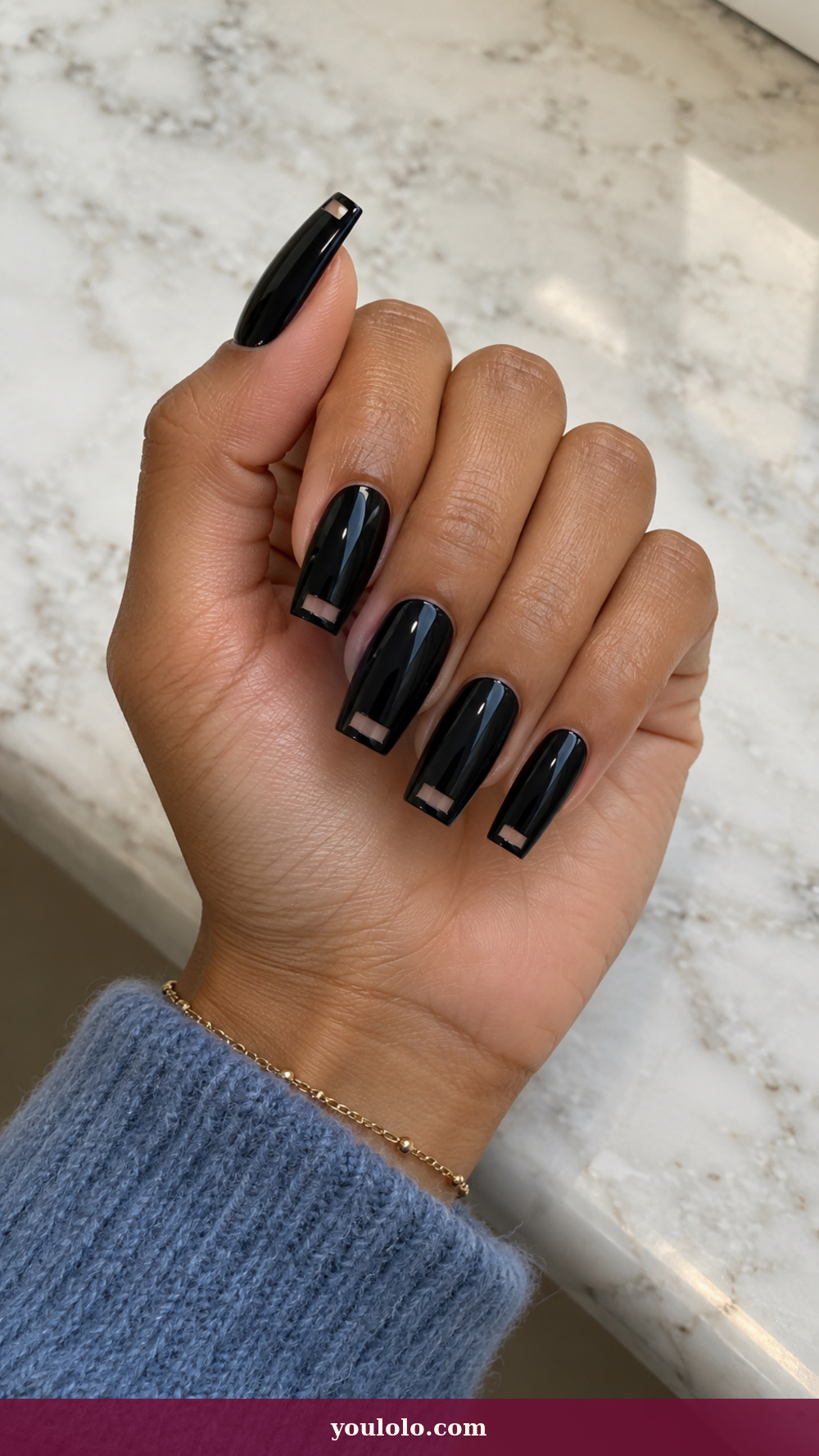 Long Square Nails idea 10: Black Patent Notches on a realistic feminine hand