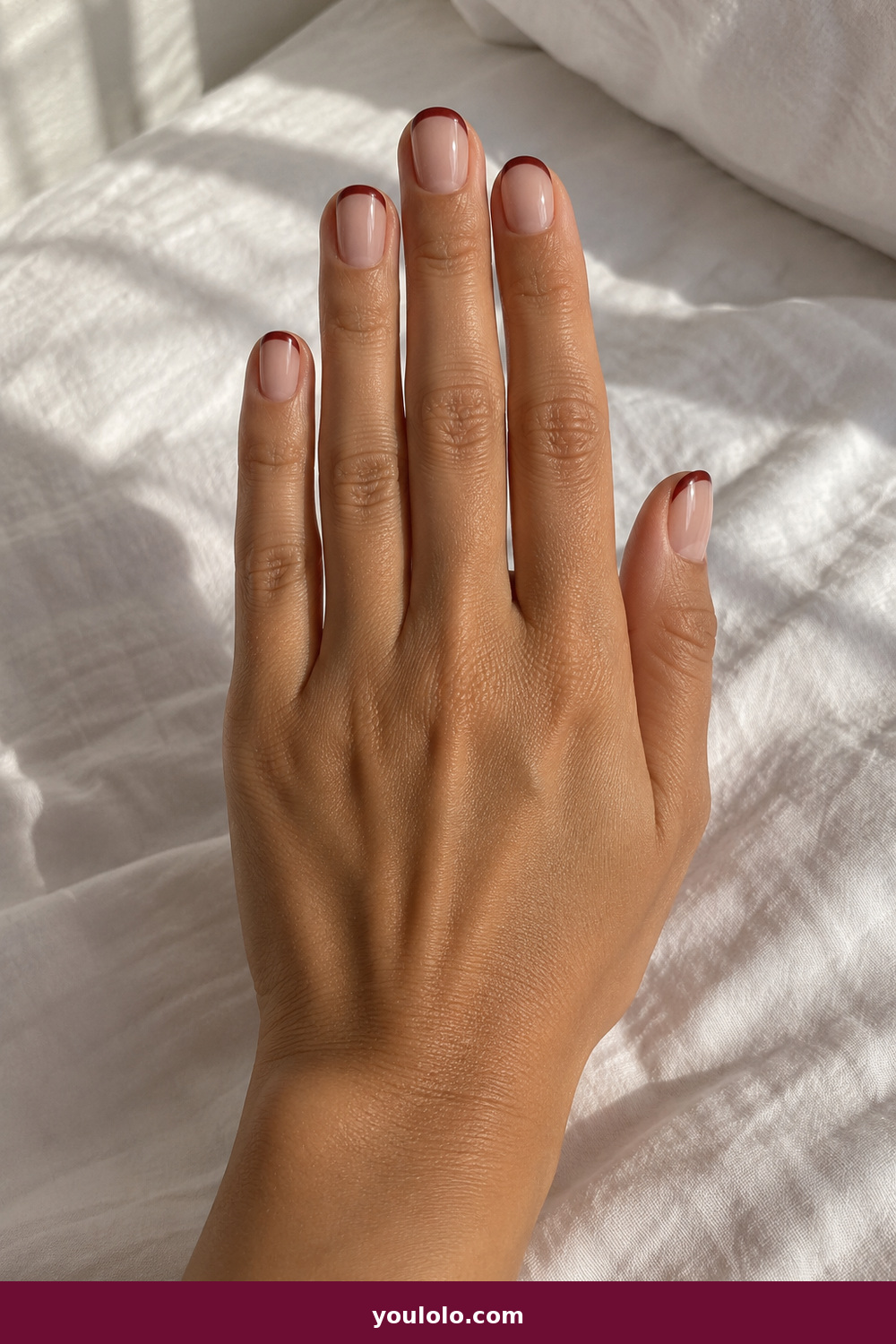 Short Nails Inspo idea 10: Brick French, short rounded nude nails with narrow brick-red French tips
