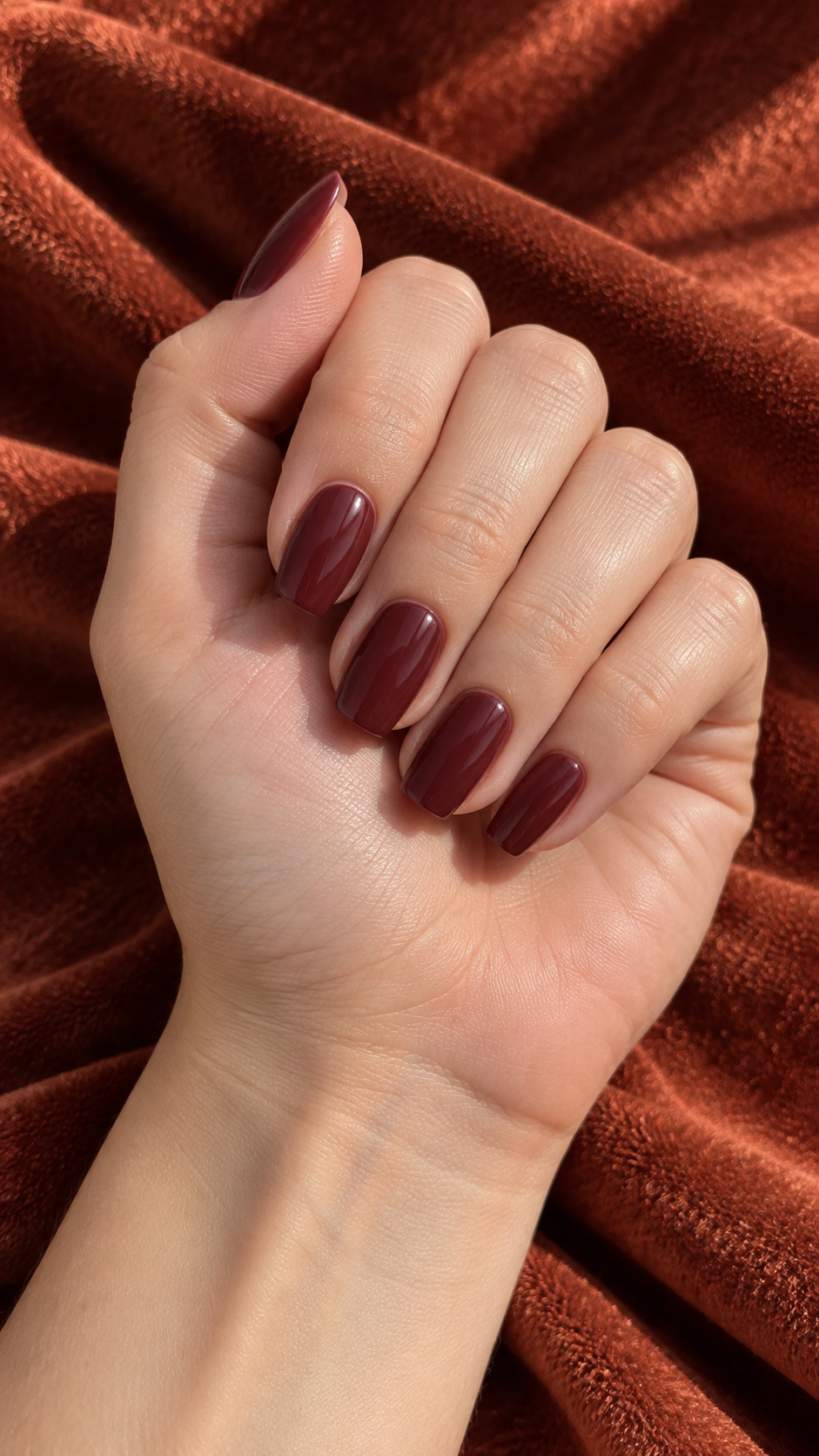 Italian Manicure idea 10: Burgundy and Clear Sides manicure on a realistic feminine hand