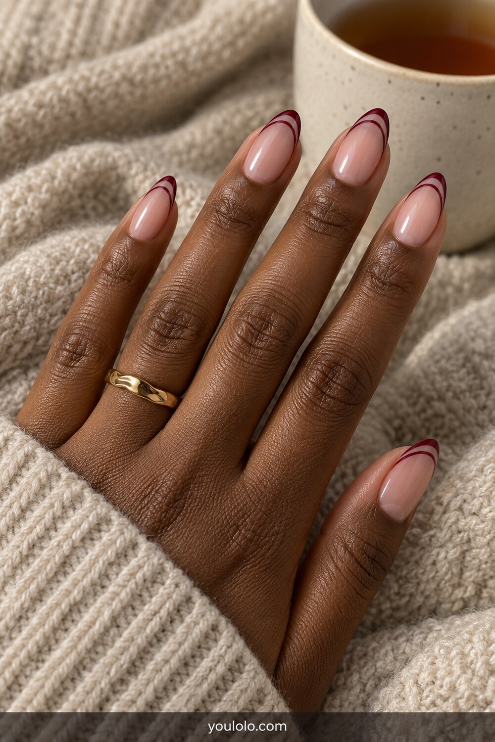 Burgundy double French tips on almond nails