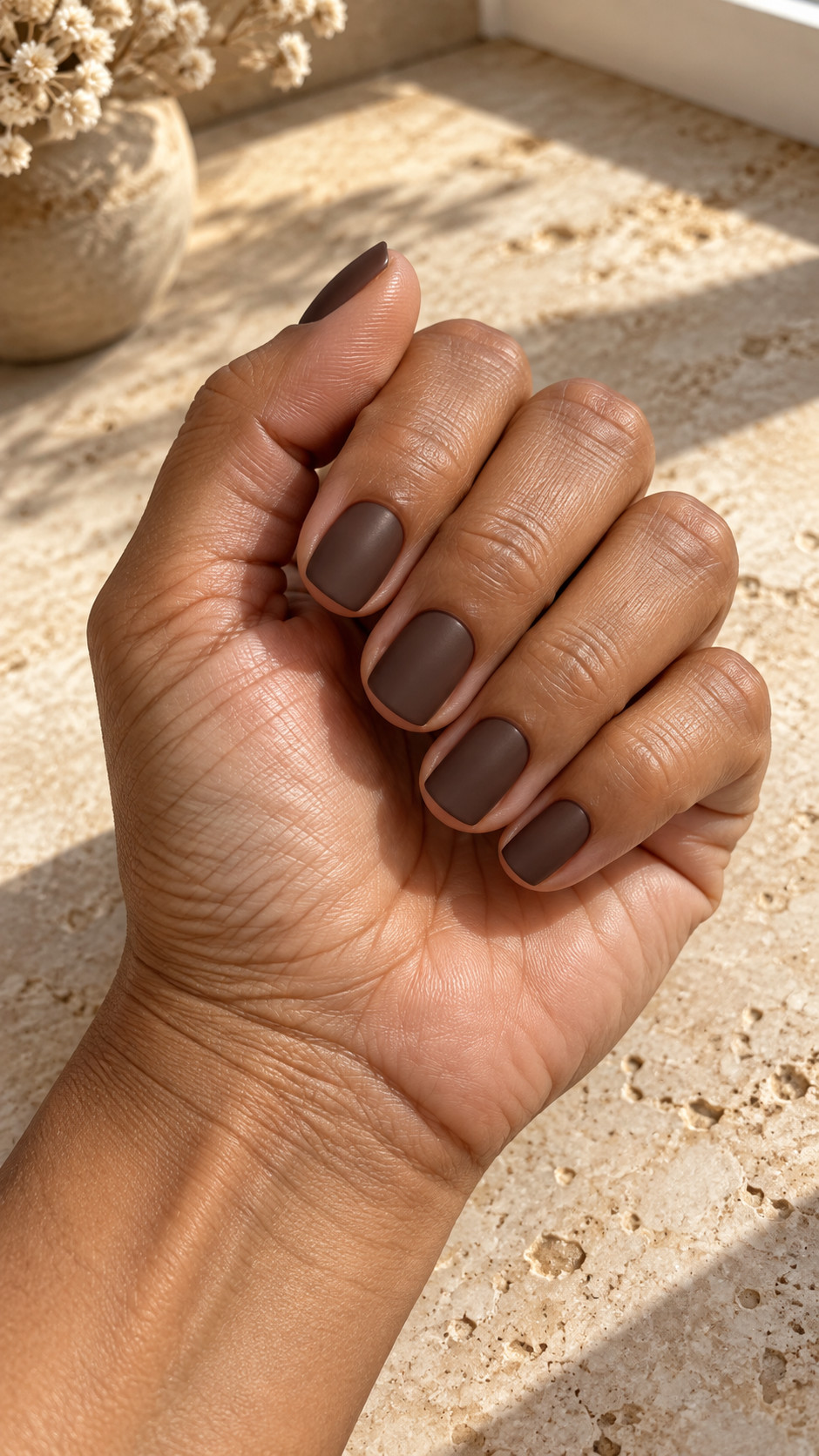 Chocolate Brown Nails idea 10: Matte Truffle manicure on a realistic feminine hand