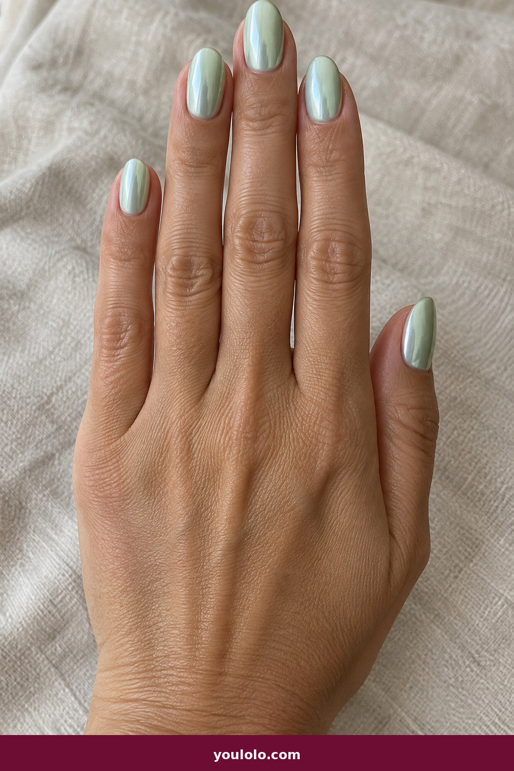 Gel Nails Ideas idea 10: Mint Chrome Veil, medium oval pale mint gel under a very soft chrome veil