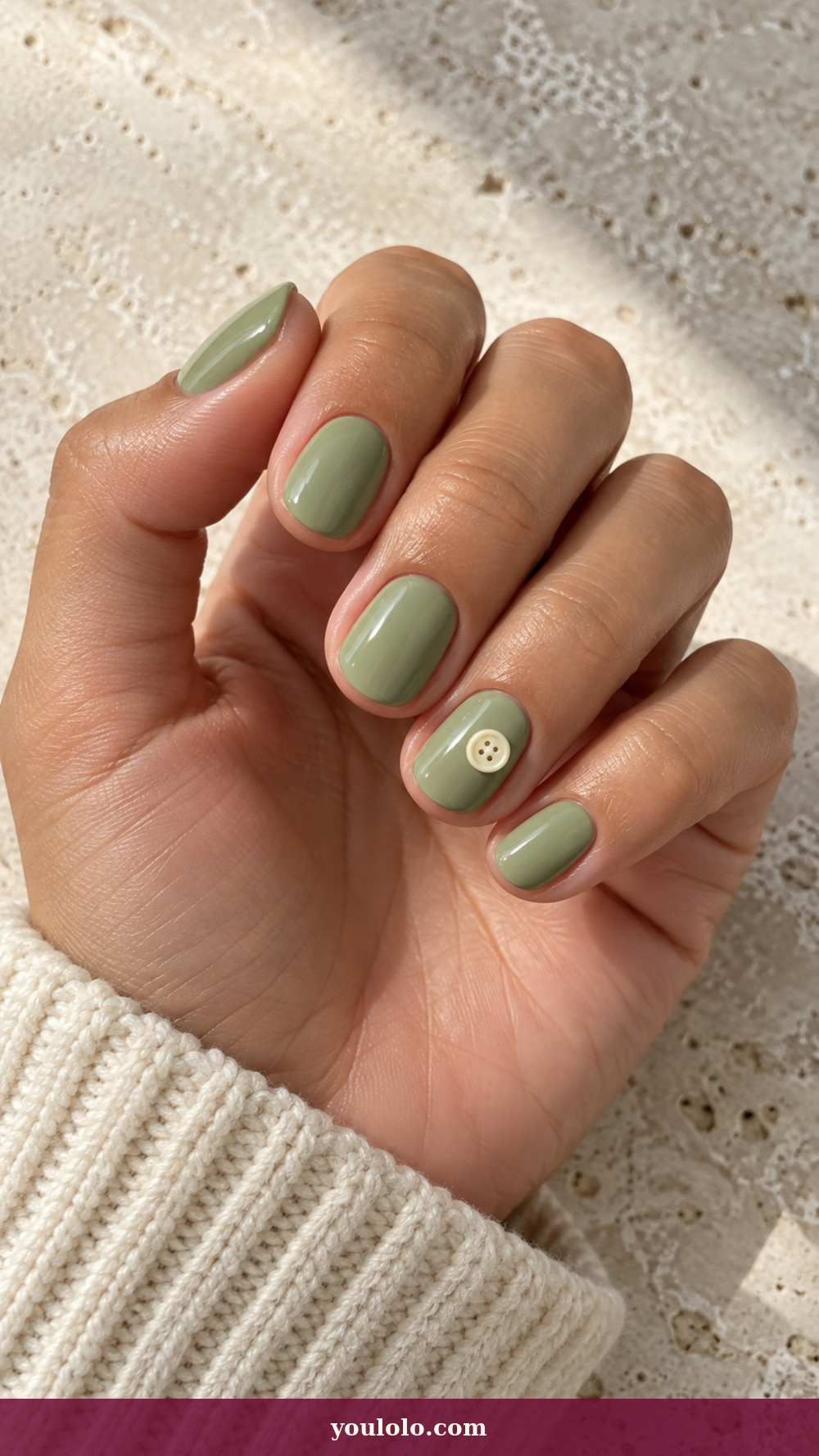 Princess Nails idea 10: Pistachio Button Detail on a realistic feminine hand