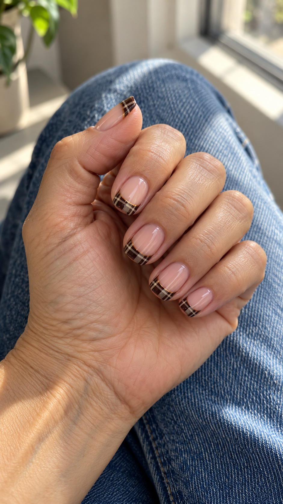 Plaid Nails idea 10: Plaid French Edges manicure on a realistic feminine hand