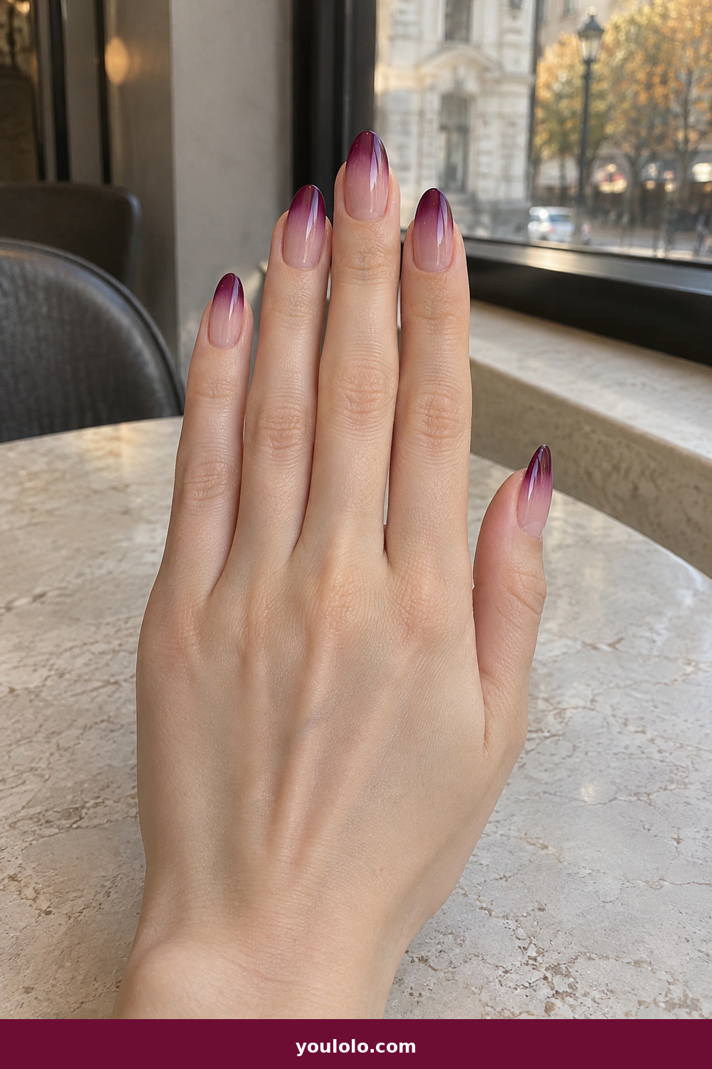 Elegant Almond Nails idea 10: Plum Wine Fade, medium almond ombre fading from nude cuticle to plum-wine tip