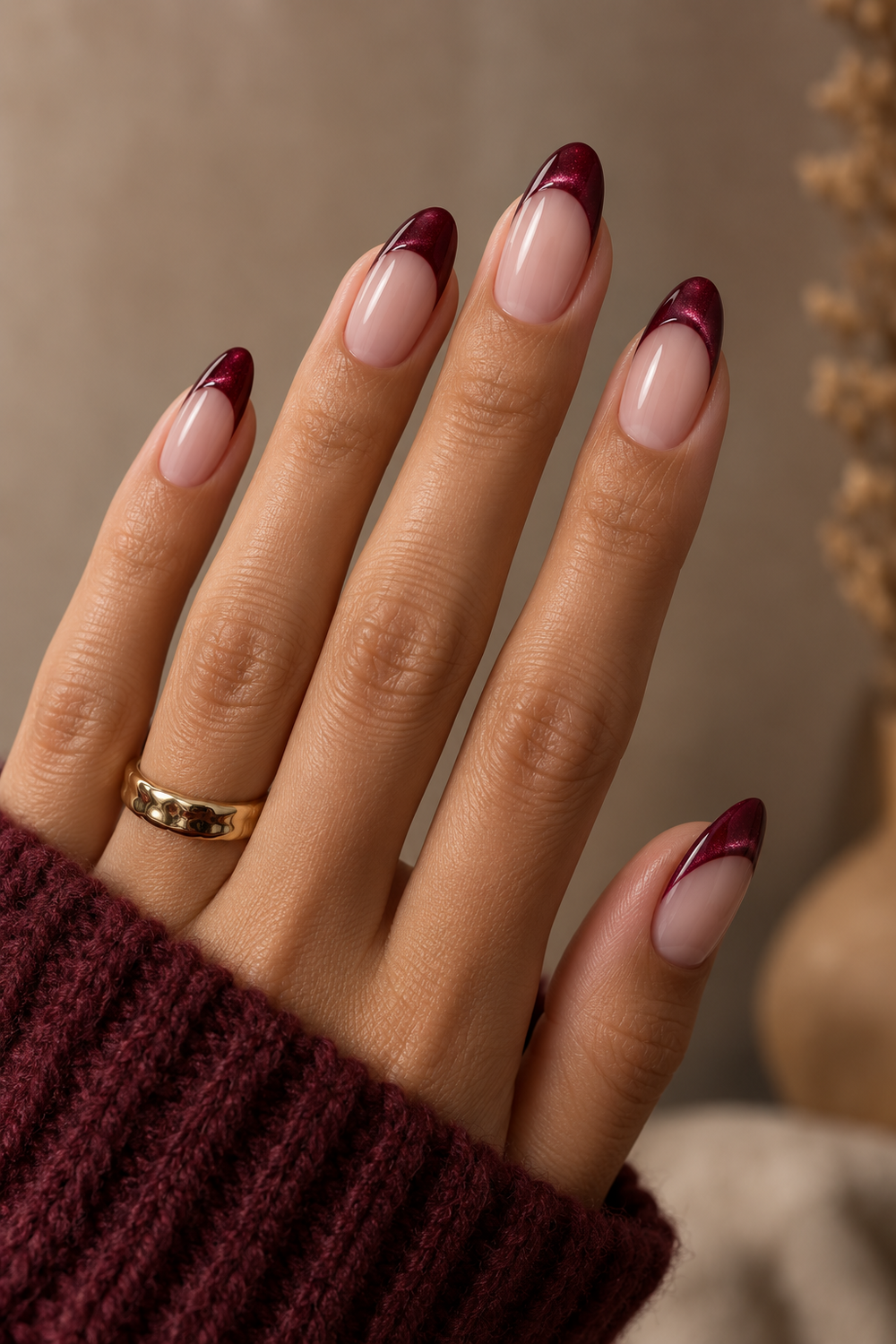 Burgundy velvet magnetic French tips on almond nails