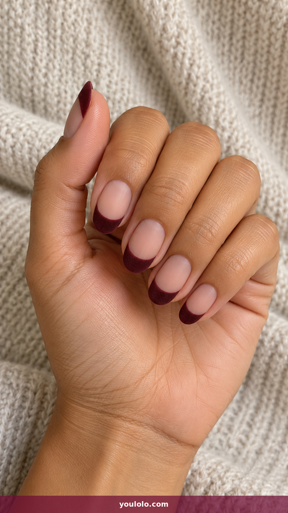 Matte Nails idea 11: Burgundy Velvet Tips in a realistic fall manicure