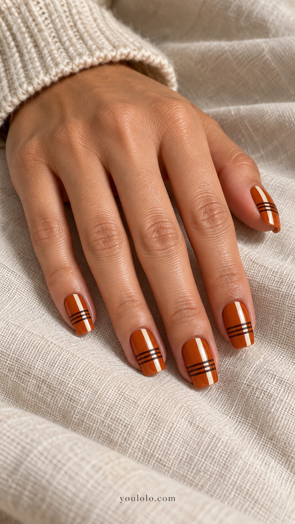 fall plaid nails — Burnt Orange Asymmetric Grid