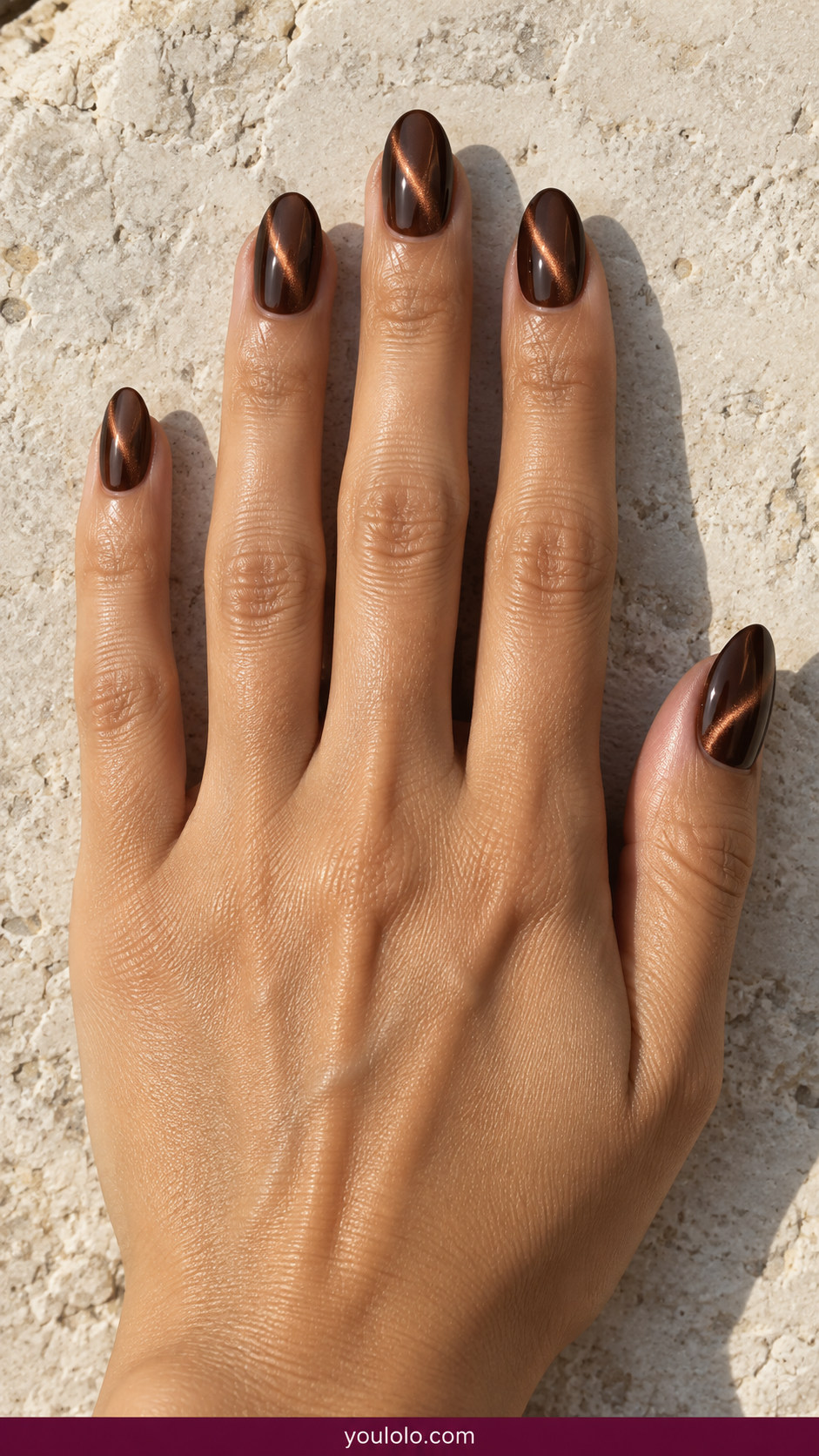 Cat Eye Nails idea 11: chocolate brown magnetic cat-eye with a narrow copper light ribbon on an anatomically realistic feminine hand