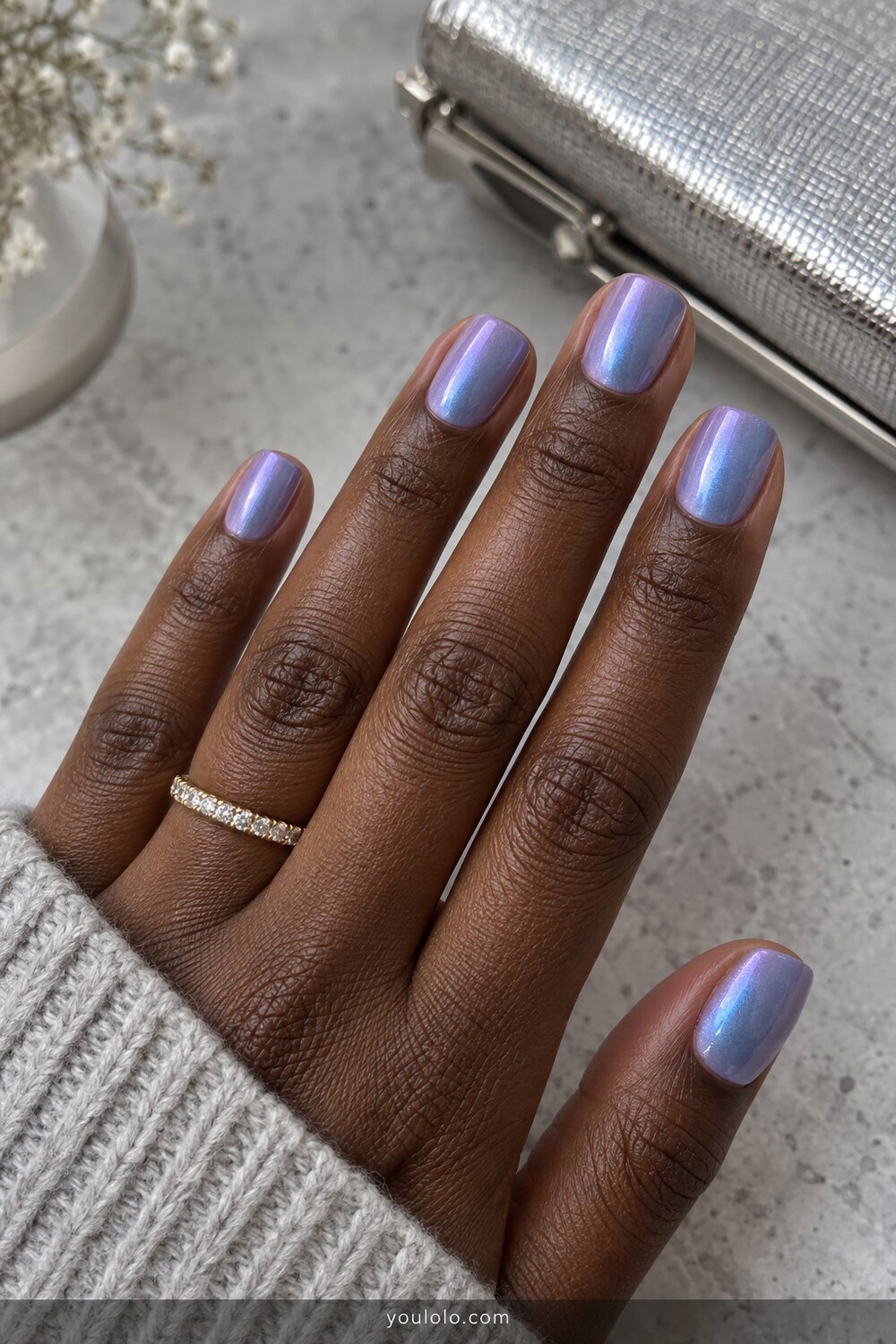 Lavender blue duochrome on short soft square nails