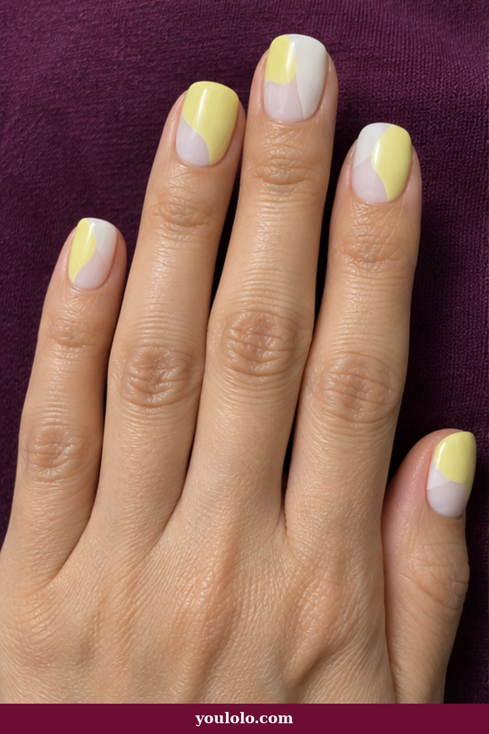Lemon Nails idea 11: lemon yellow and milky white curved color block manicure