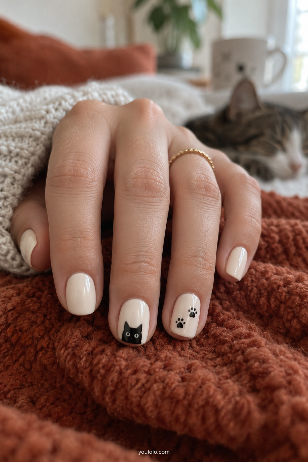 Cream short nails with a minimal black cat silhouette