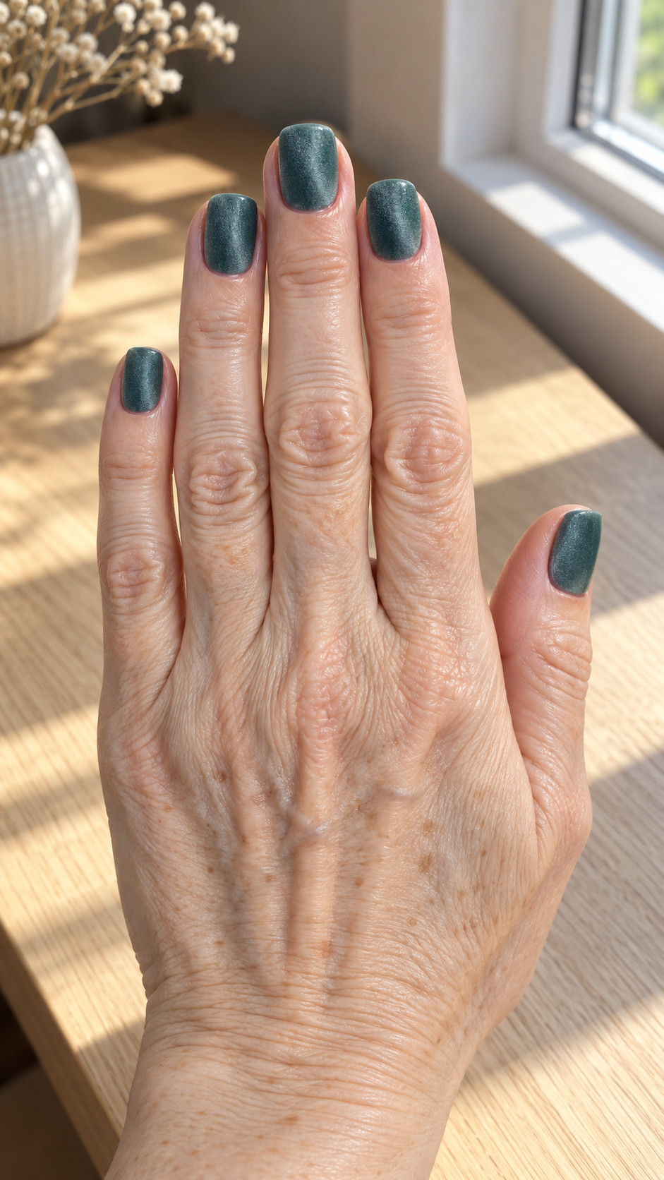 Velvet Nails idea 11: Muted Teal manicure on a realistic feminine hand