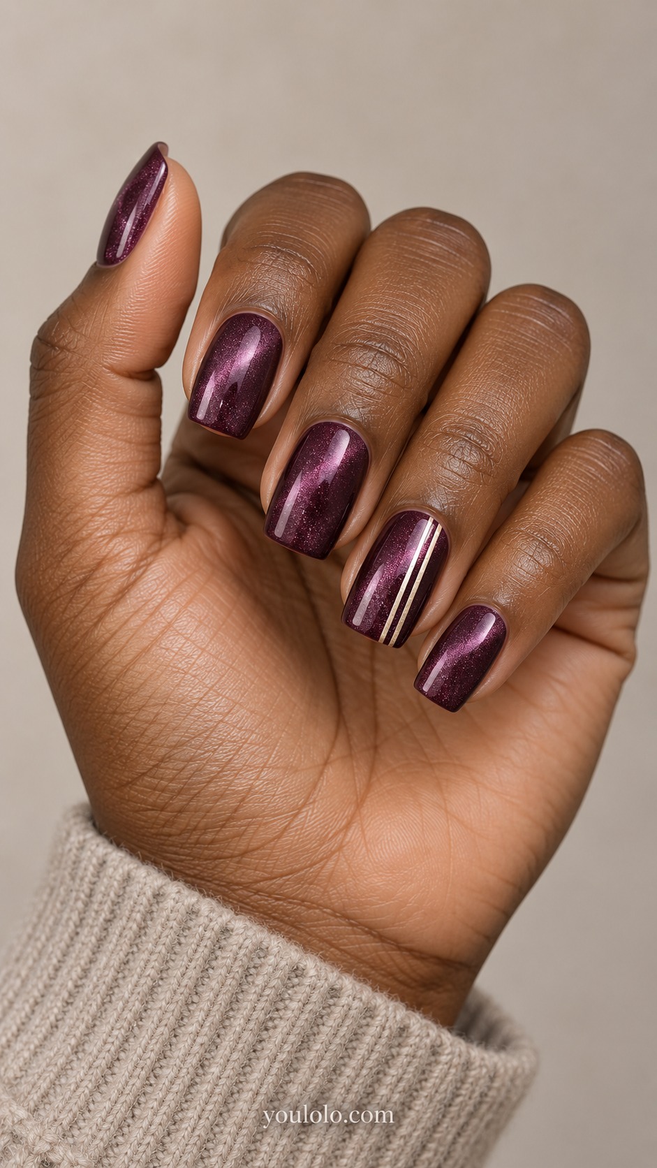 plum cat eye nails — Plum Satin with Ivory Pinstripes