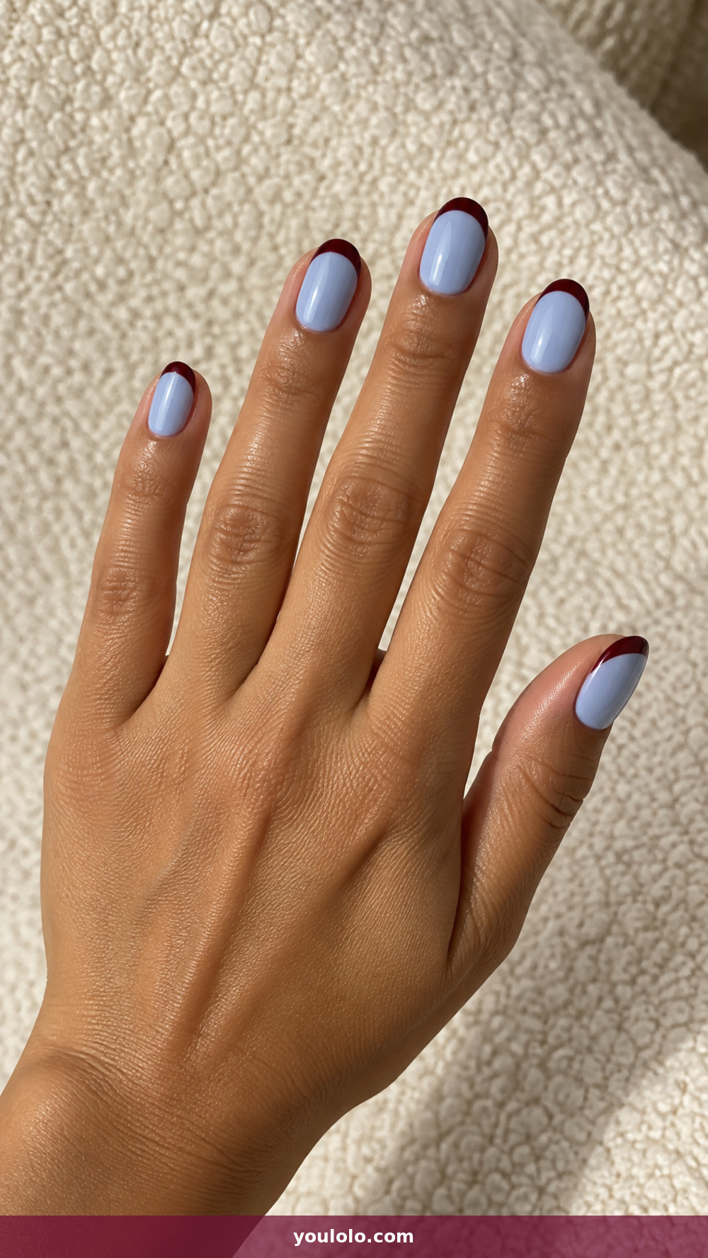 Short Oval Nails idea 11: Powder Blue Burgundy Tips in a realistic fall manicure