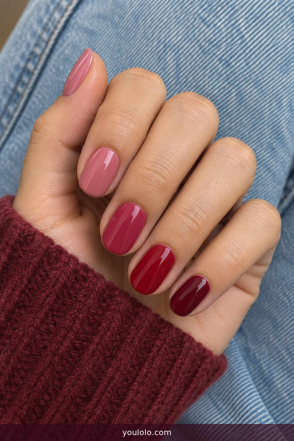 Five-color raspberry tonal skittle manicure