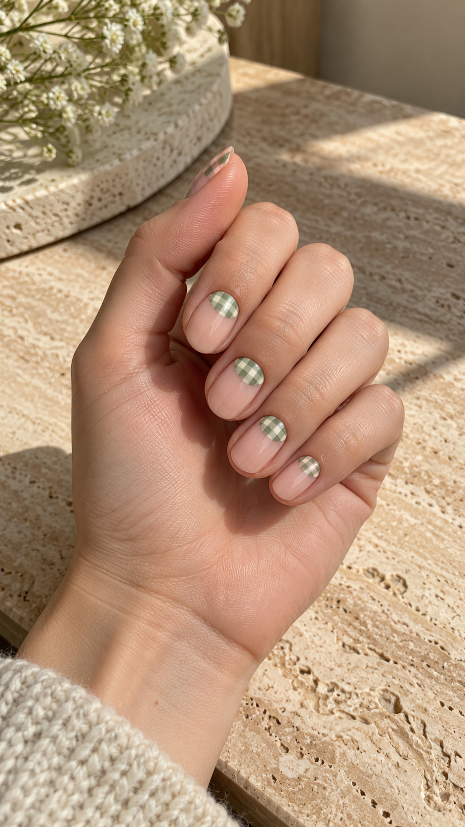 Plaid Nails idea 11: Sage Check Accents manicure on a realistic feminine hand
