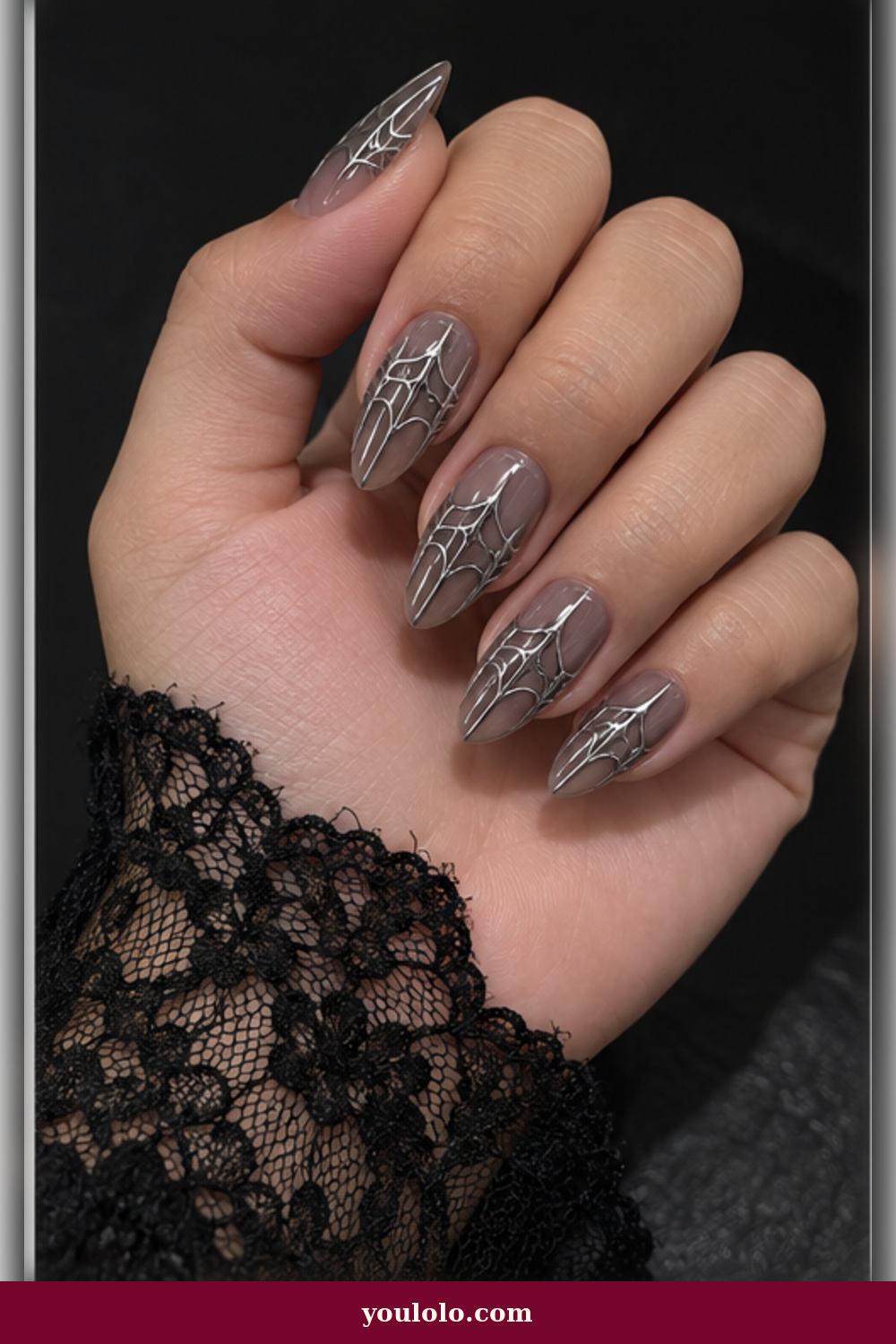 Emo Nails idea 11: smoky translucent nails with elegant silver chrome web lines