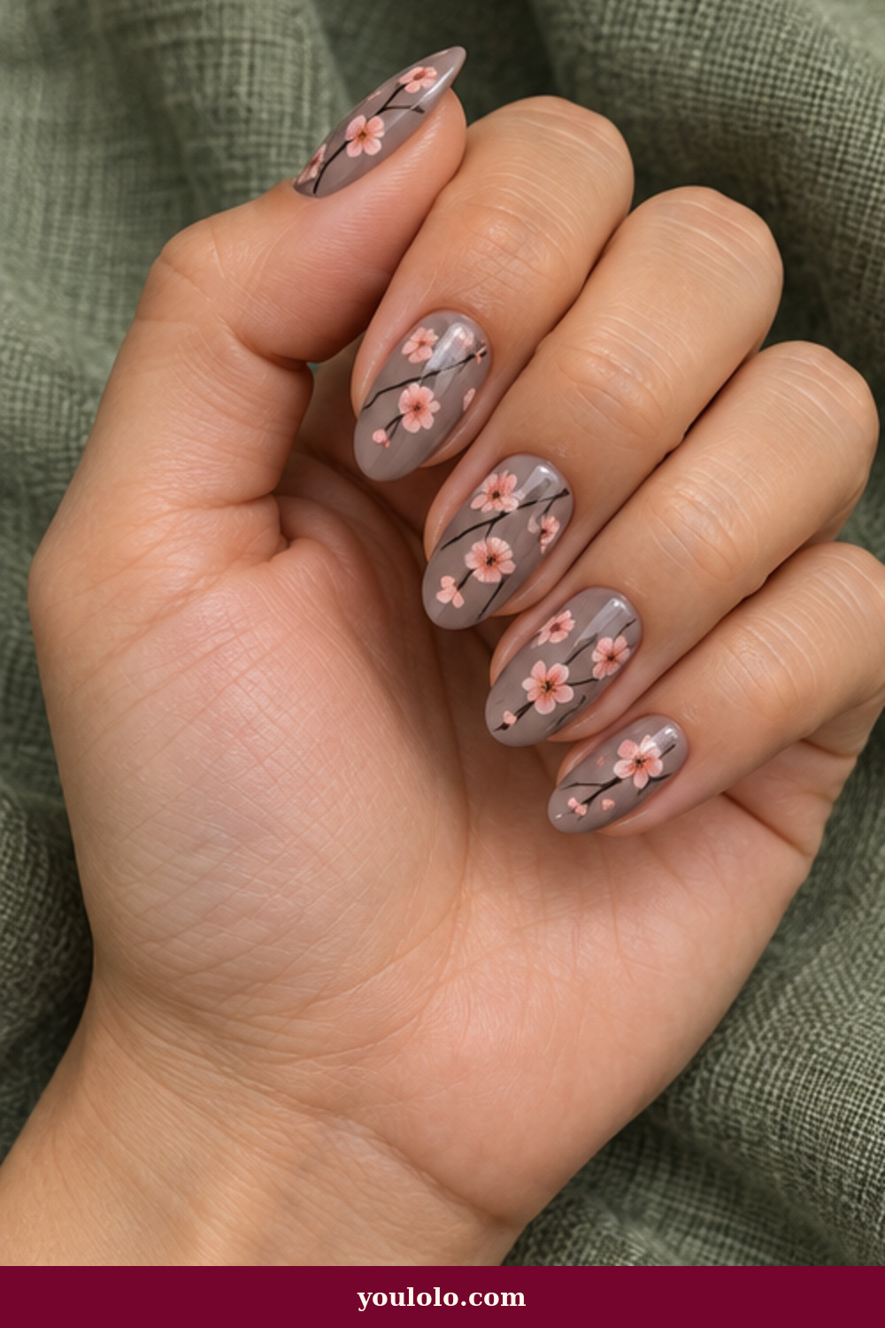 Smoky Taupe Branch Art Cherry Blossom Nails idea