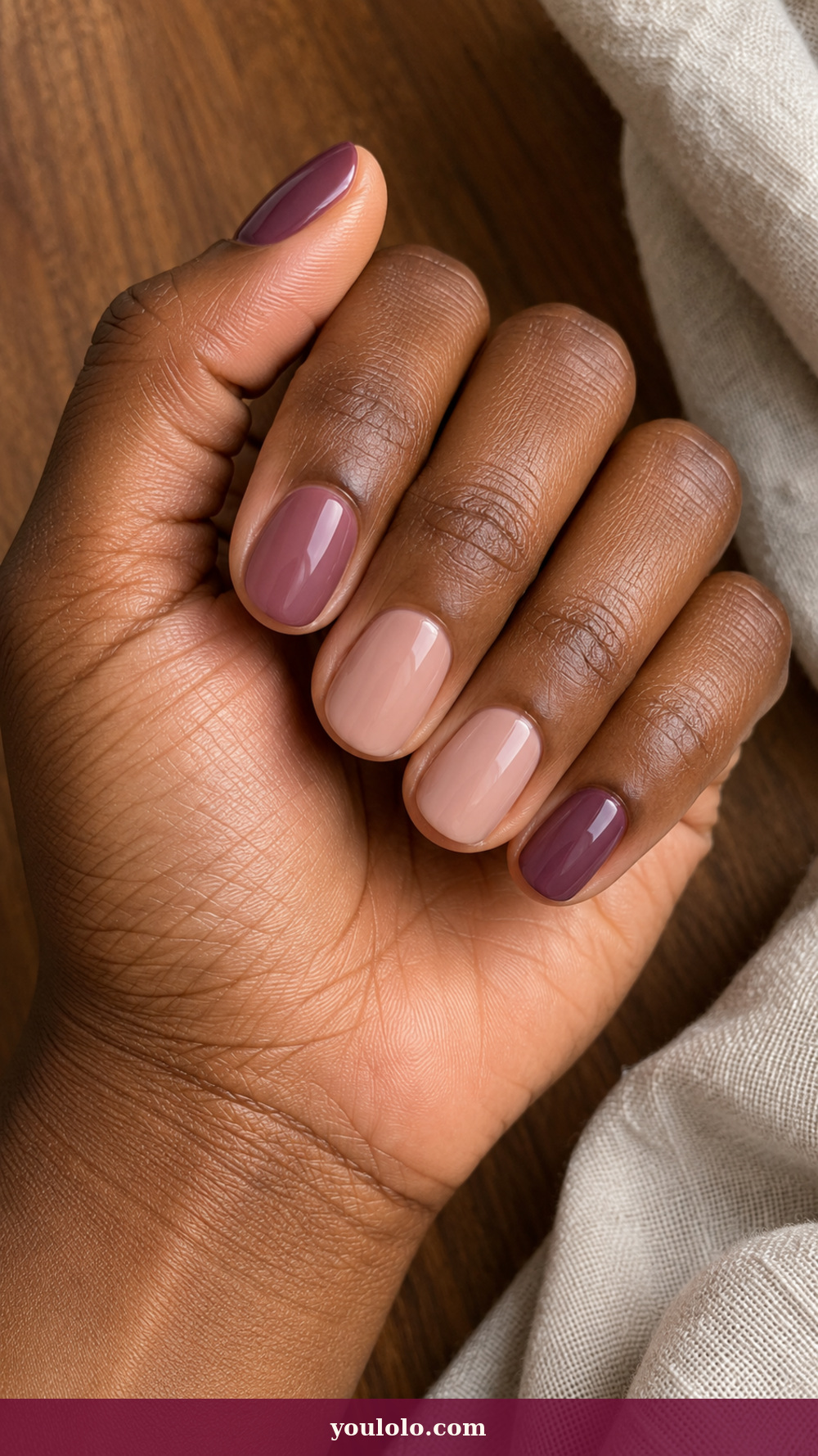 Princess Nails idea 11: Soft Plum Bookend on a realistic feminine hand
