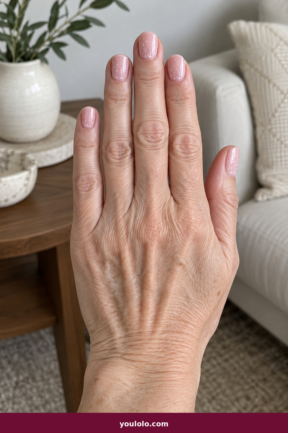 Pink and White Nails idea 11: Strawberry Cream Speckle, short pink cream nails with restrained white speckles