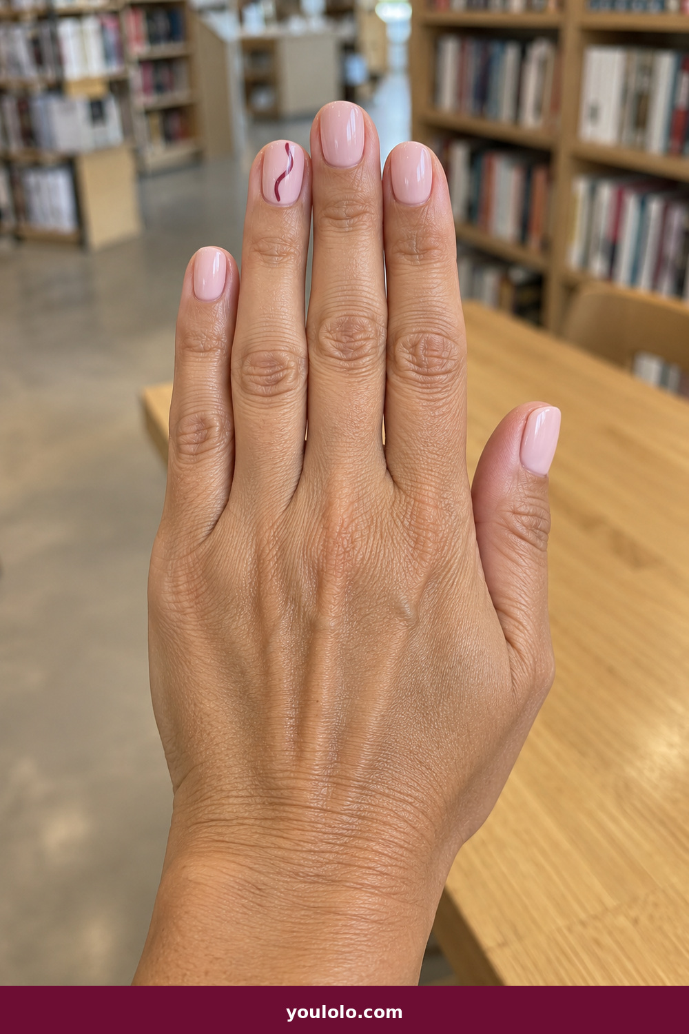 Short Nails Inspo idea 12: Berry Squiggle, short blush nails with one thin berry-colored squiggle