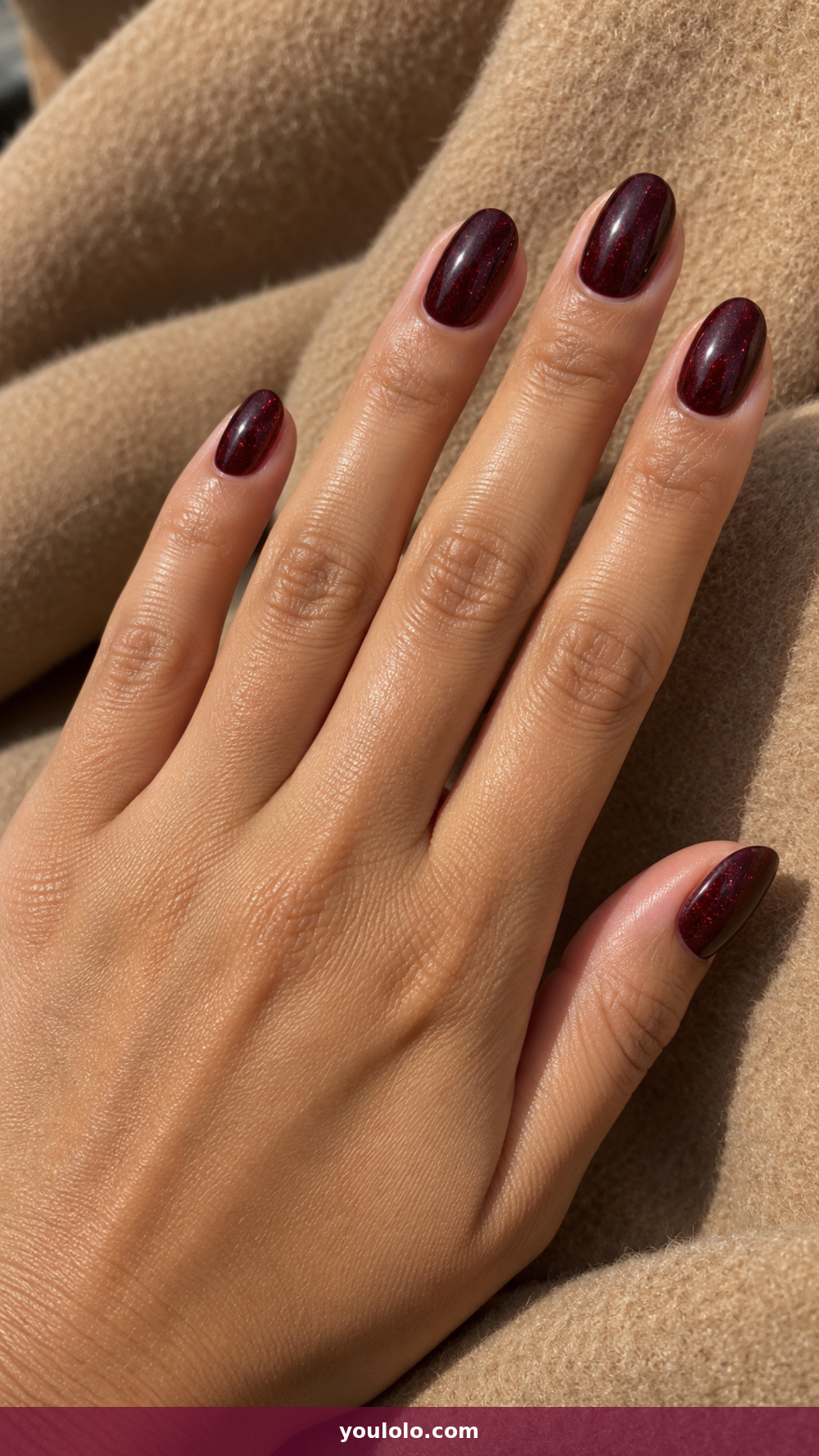 Sparkly Nails idea 12: Black Cherry Flash in a realistic fall manicure
