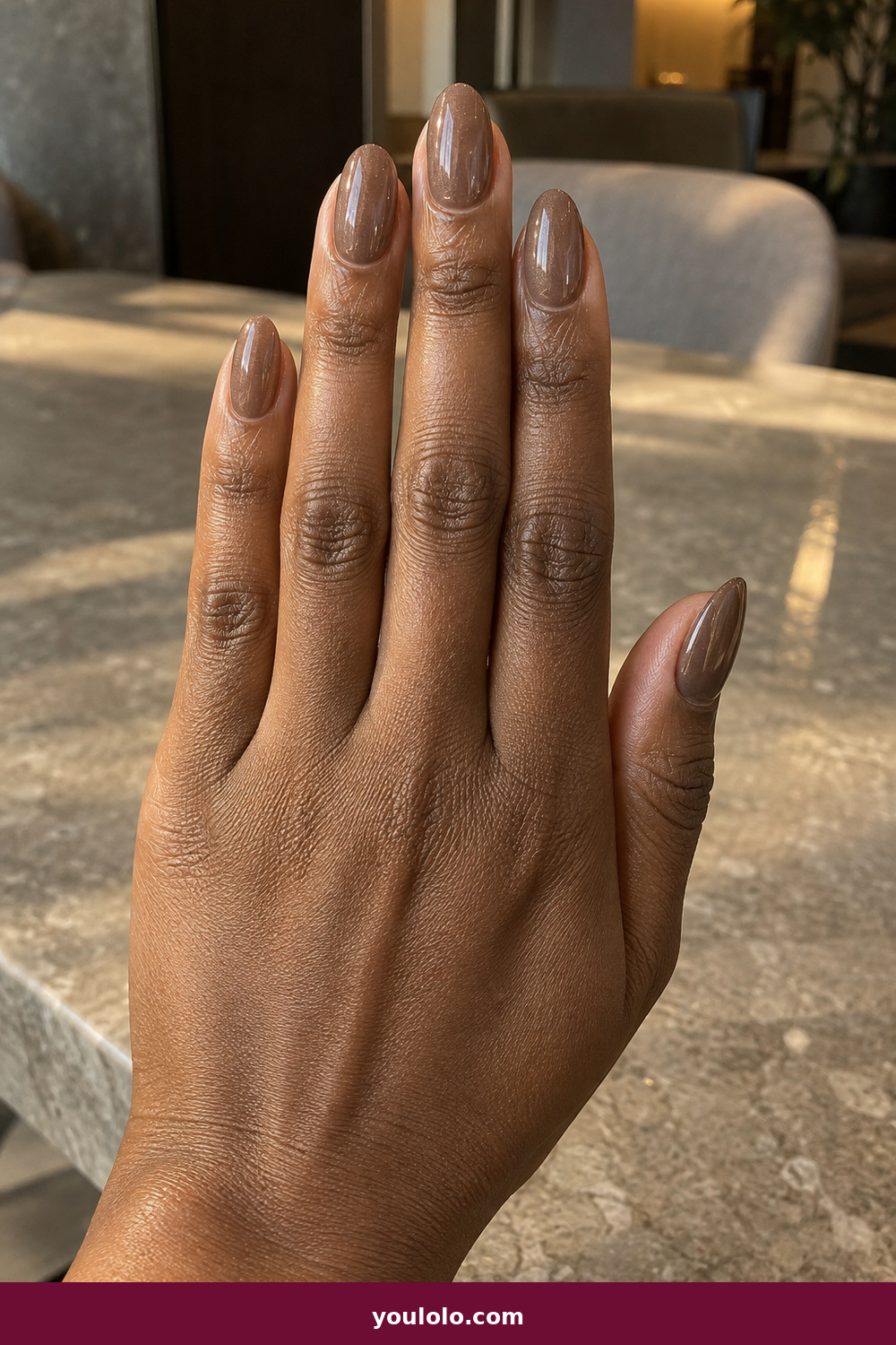 Elegant Almond Nails idea 12: Bronze Smoke, medium almond translucent smoky taupe with wisps of bronze shimmer