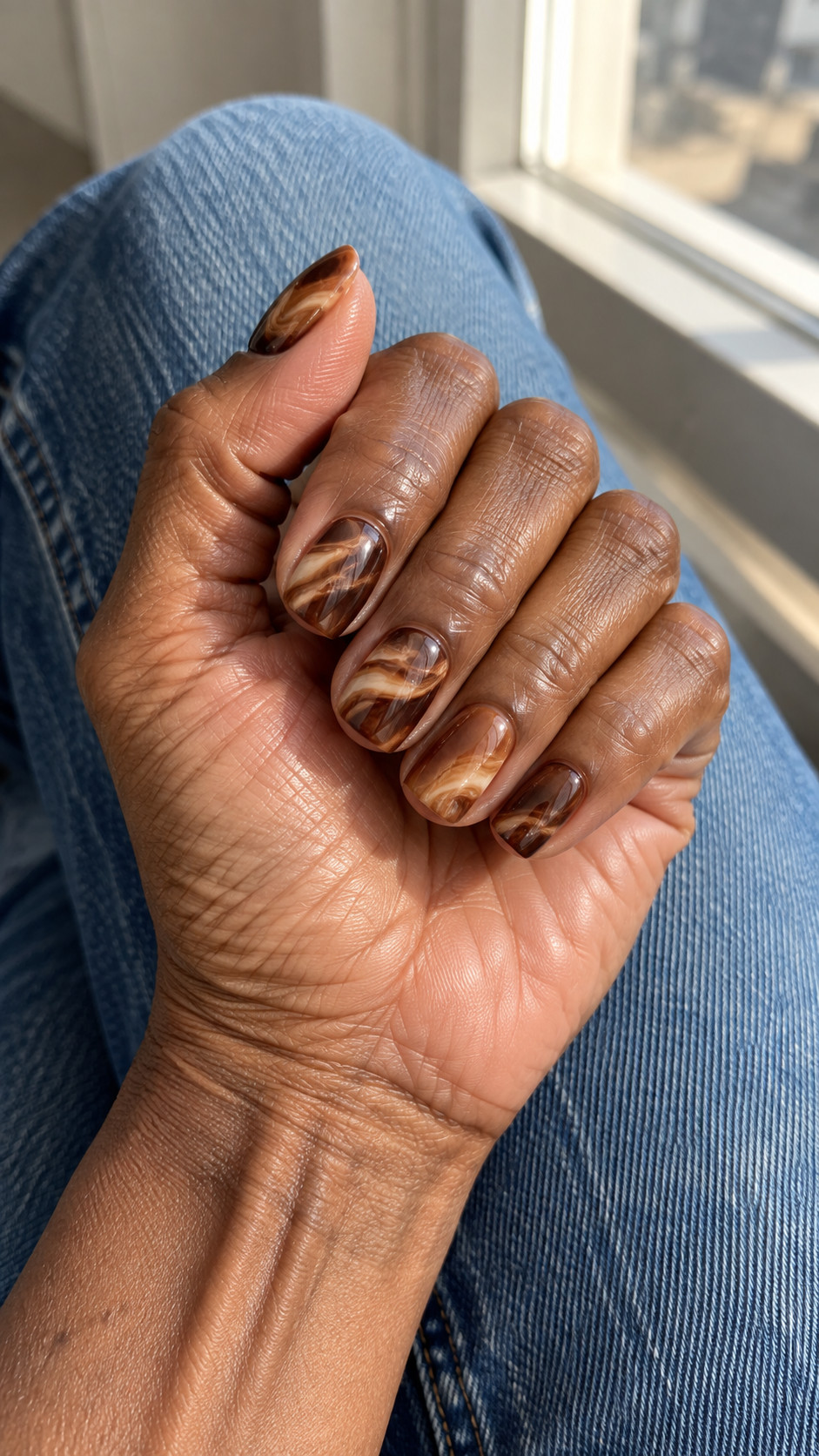 Chocolate Brown Nails idea 12: Caramel Marble manicure on a realistic feminine hand