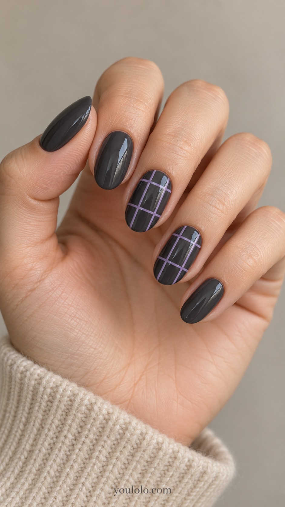 fall plaid nails — Charcoal Lavender Suit Checks