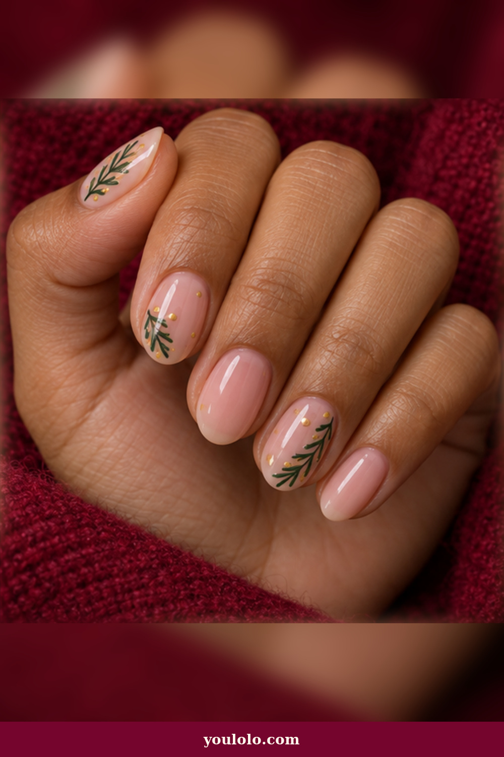 Evergreen Sprig Nude Christmas Nails Short idea