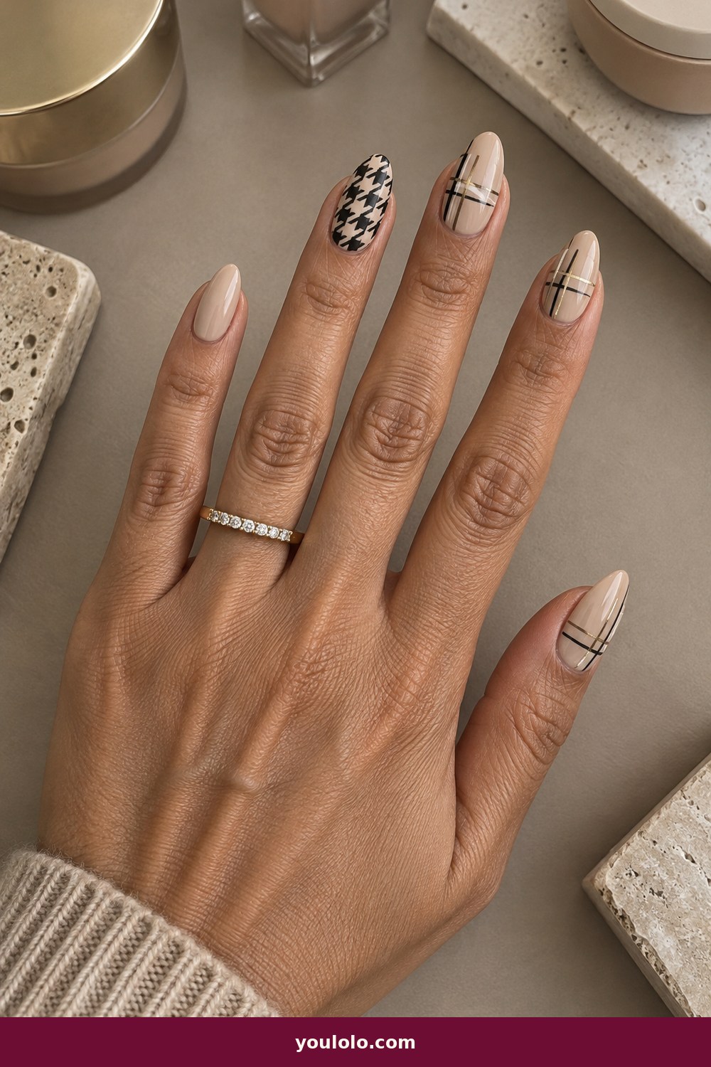 Burberry Nails idea 12: Houndstooth and Plaid Mix