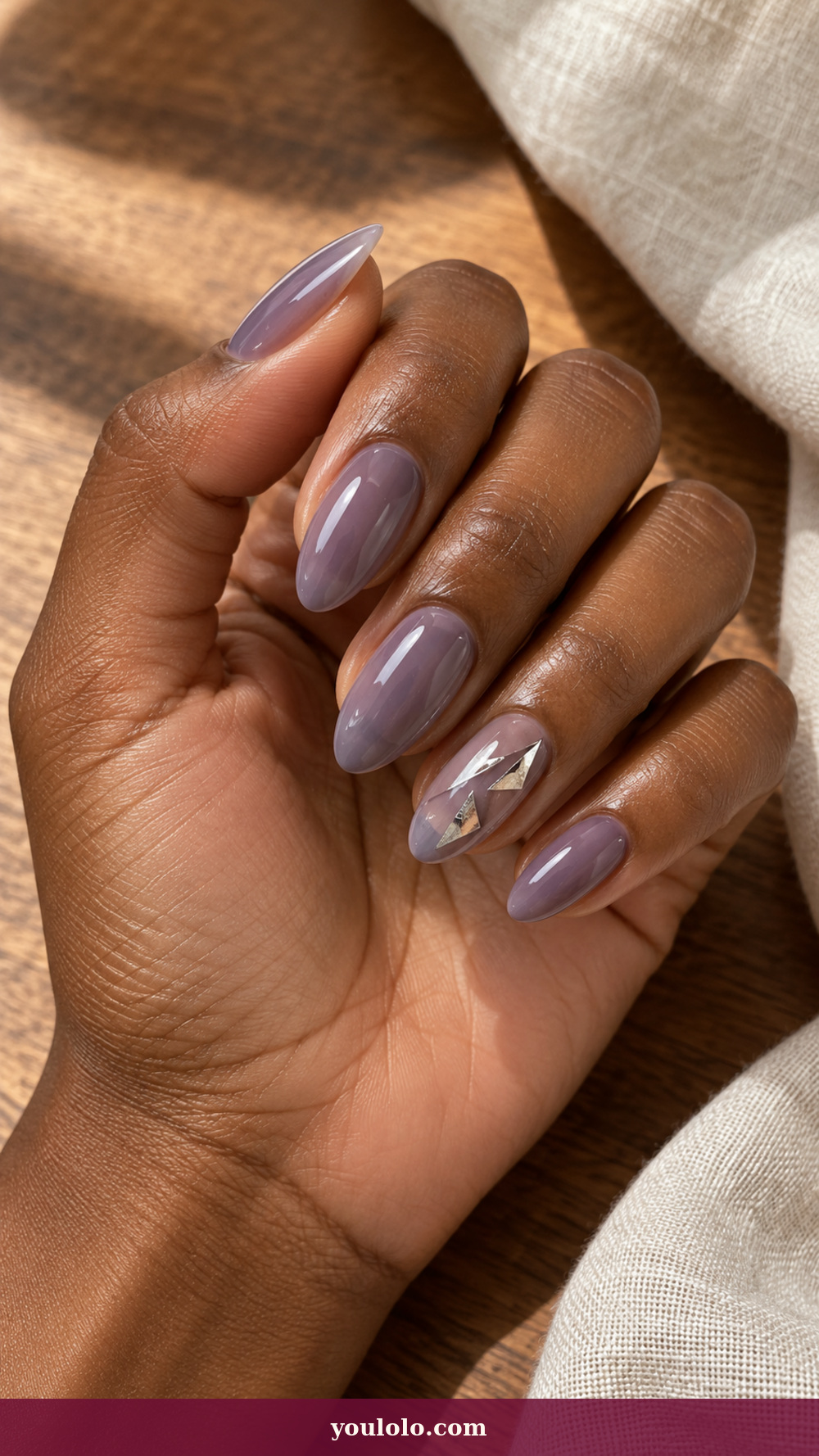 Douyin Nails idea 12: Lavender Mirror Shards on a realistic feminine hand