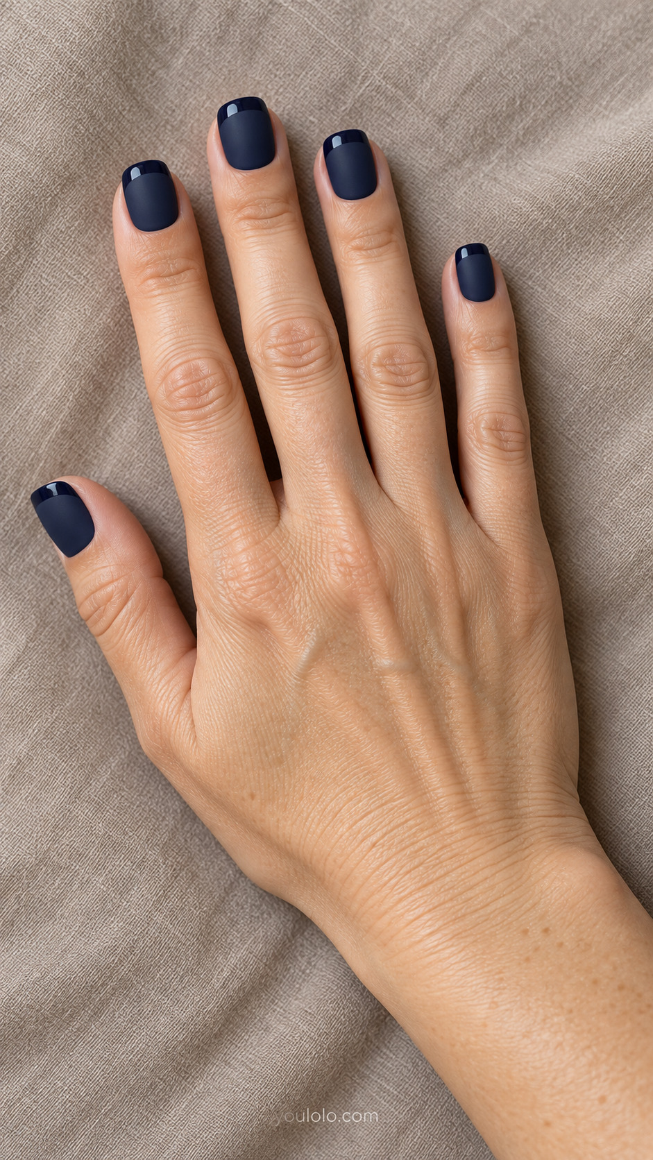 Matte Navy Gloss Edge — Short squoval nails; matte navy base with glossy same-color French edge, no second color.