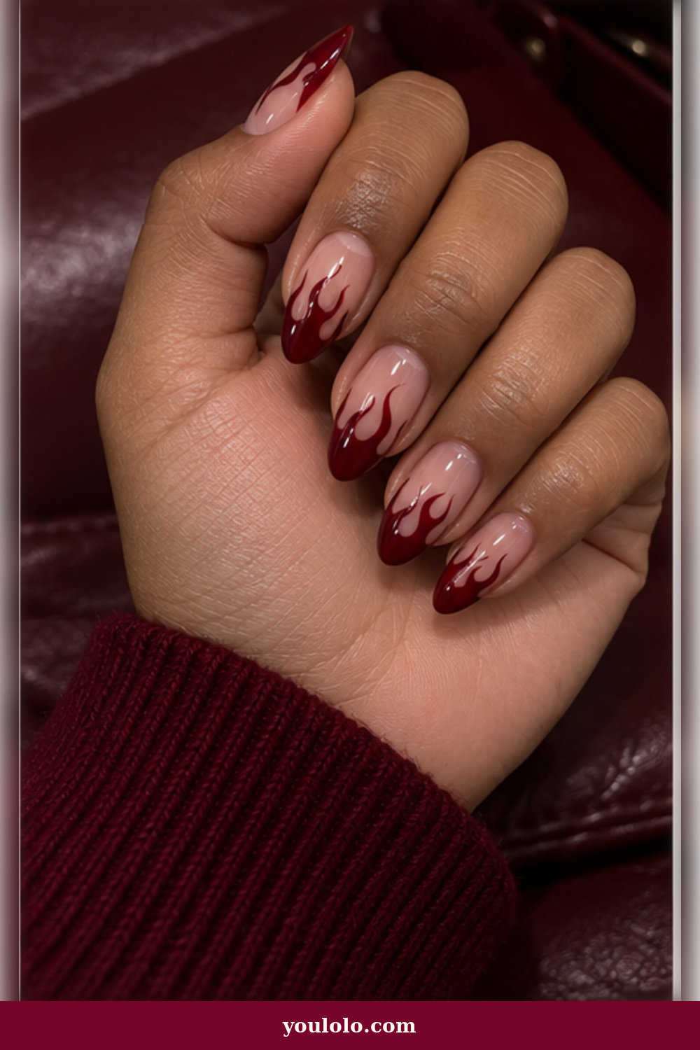 Emo Nails idea 12: neutral almond nails with precise oxblood French flames
