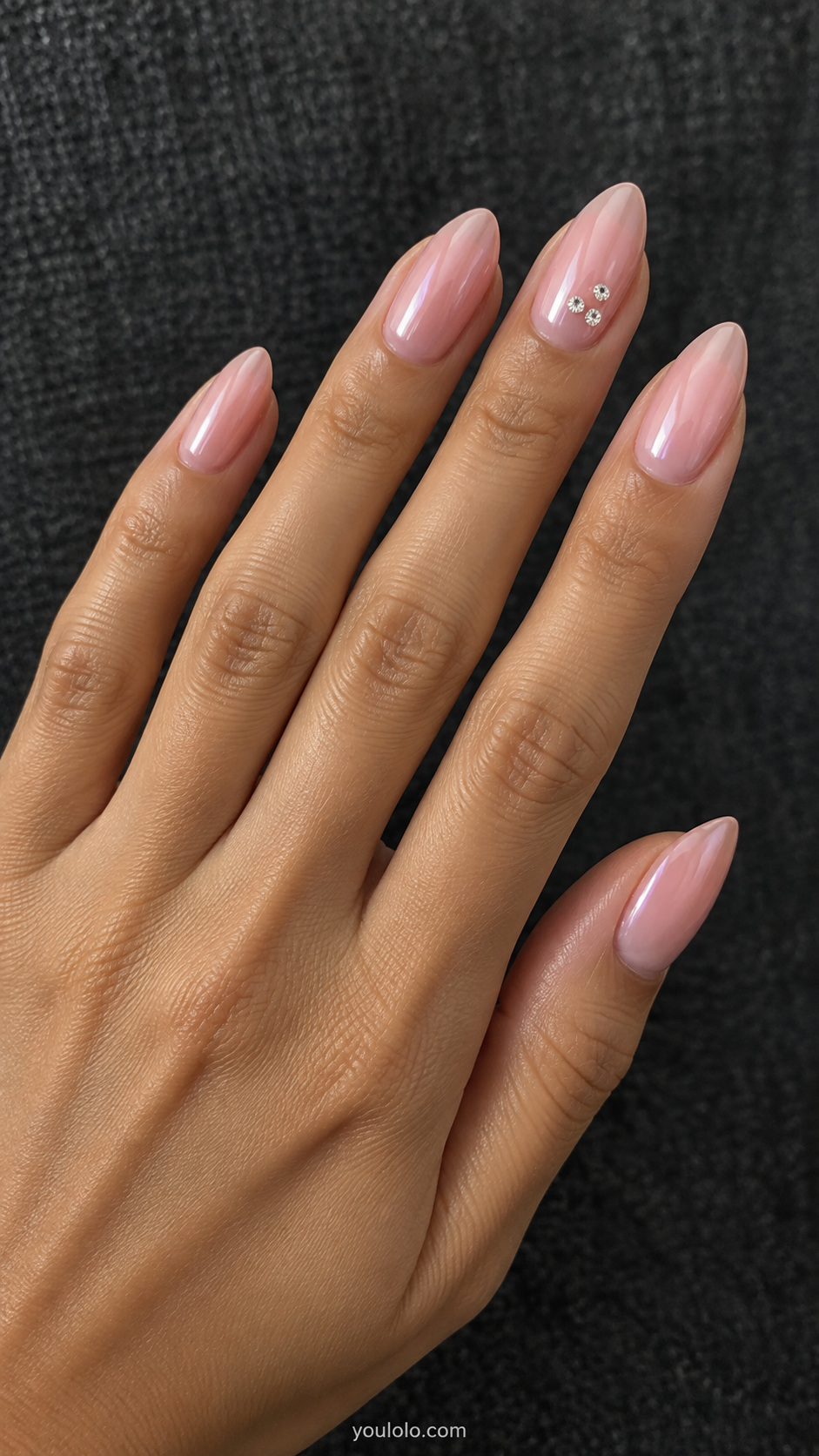 Pink pearl with a tiny crystal trio manicure
