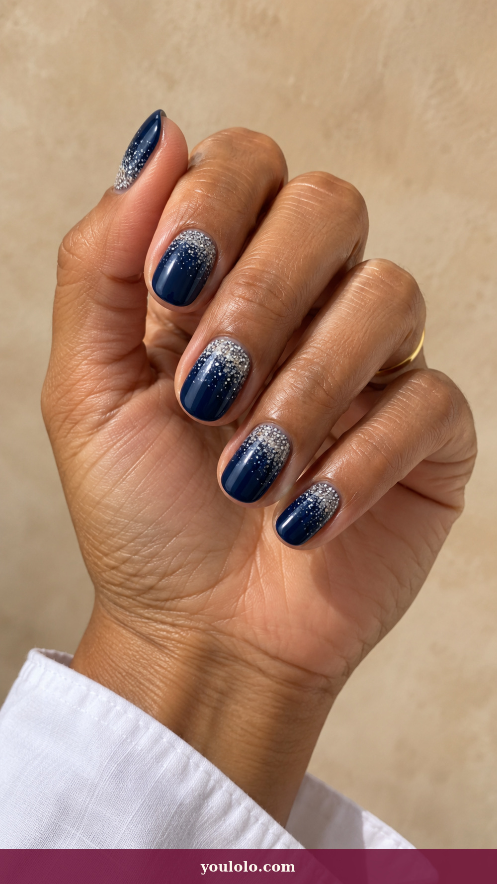Blue and White Nails idea 12: Salt Crystal Gradient on a realistic feminine hand