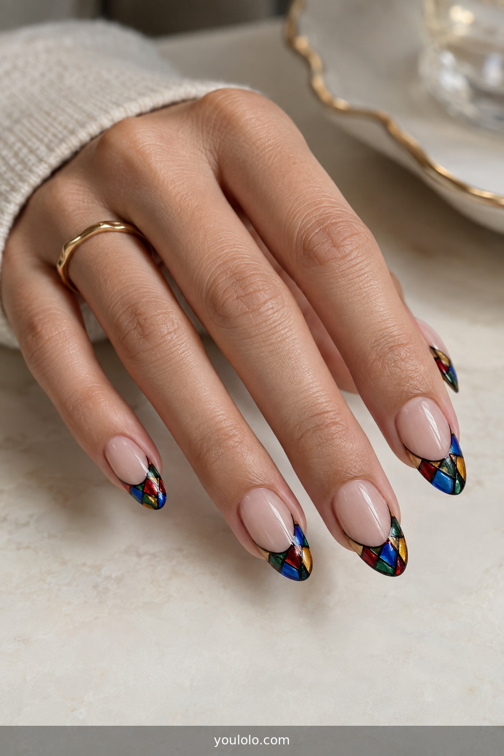 Colorful stained-glass French tips on sheer nails