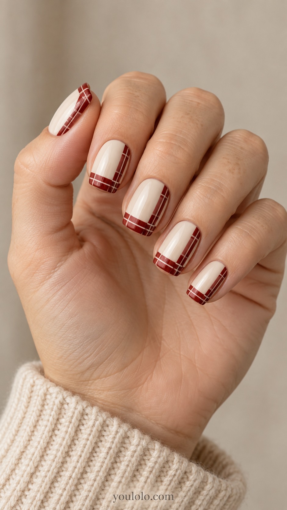 fall plaid nails — Brick and Cream Border Plaid