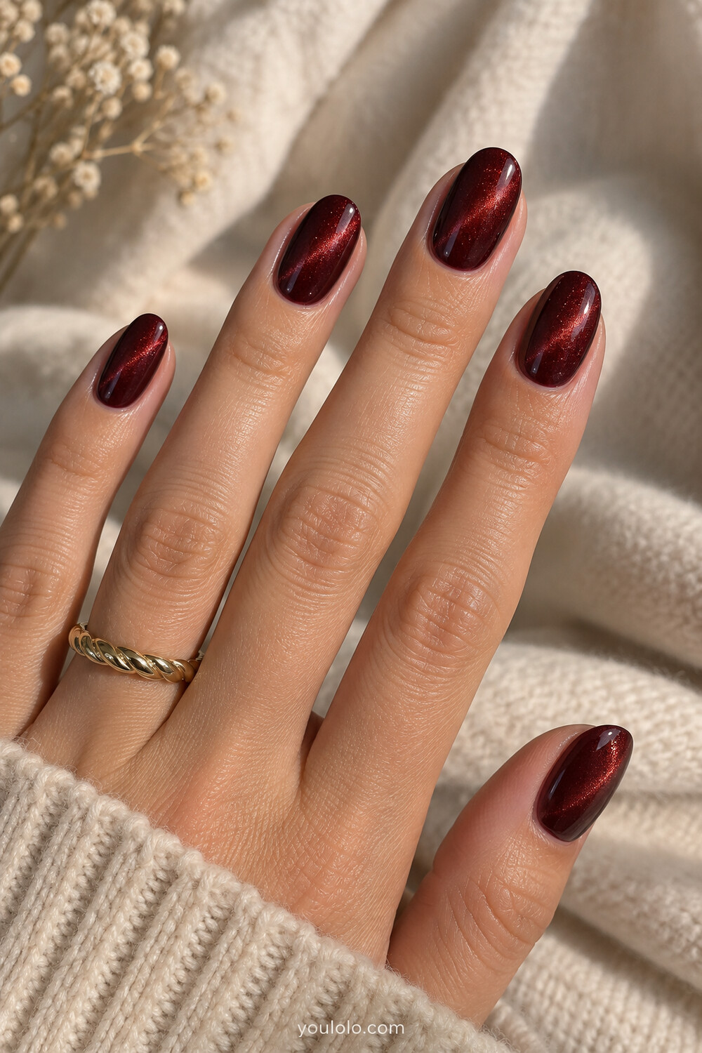 Burgundy velvet magnetic nails with a deep wine glass finish