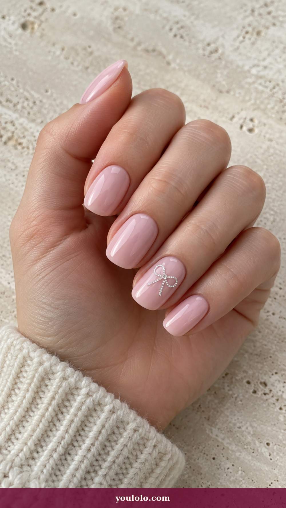 Douyin Nails idea 13: Crystal Bow Outline on a realistic feminine hand