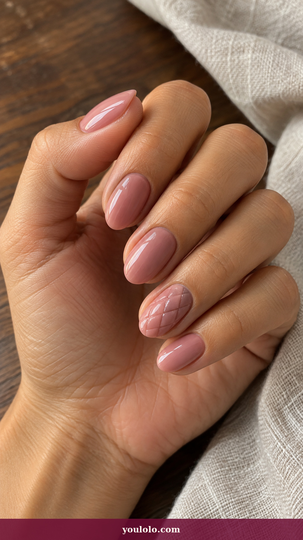 Princess Nails idea 13: Dusty Rose Quilting on a realistic feminine hand